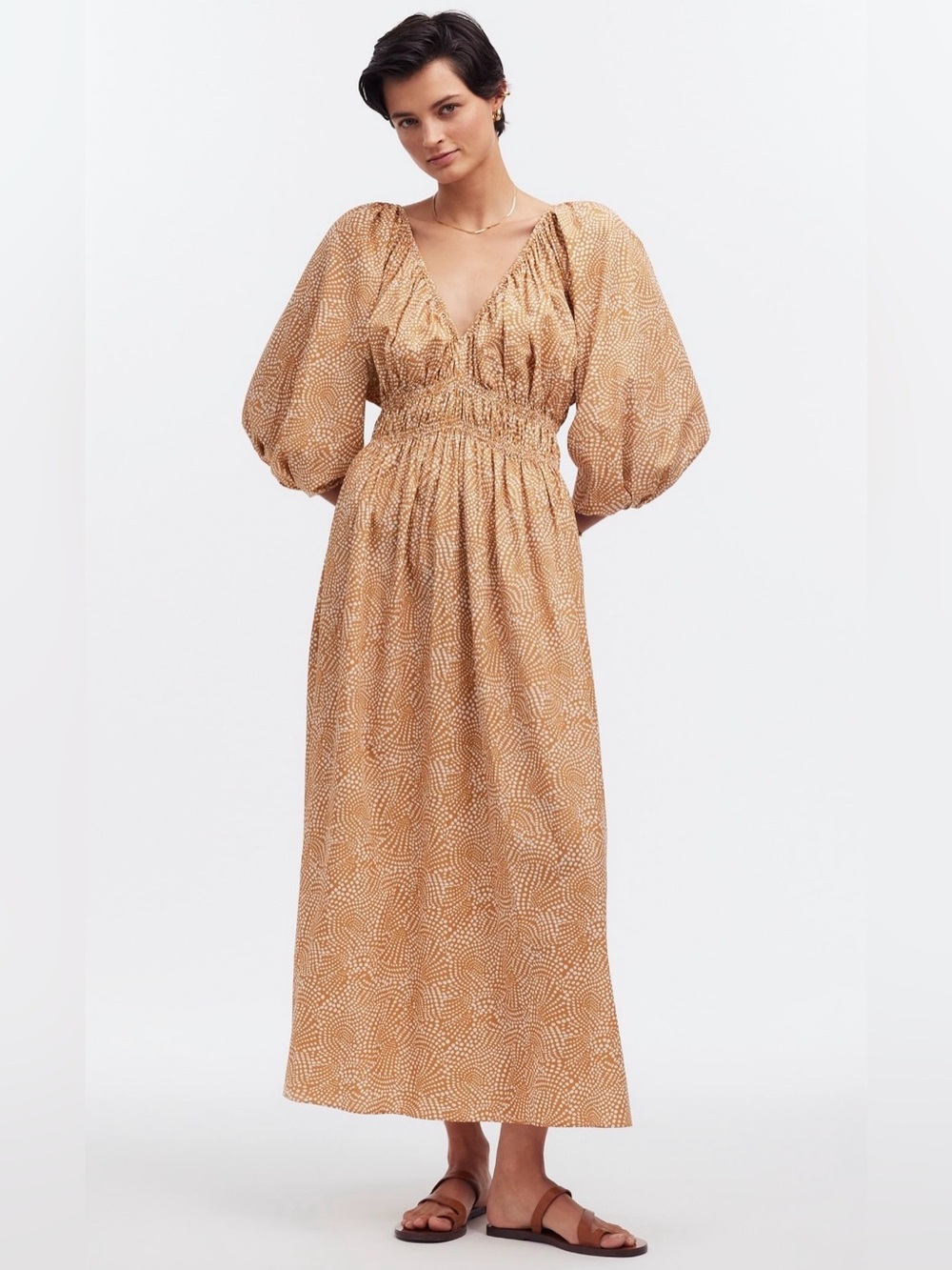 Women’s Madewell Smocked Waist Puff Sleeve Maxi Dress in khaki/tan. SZ.12 NWT